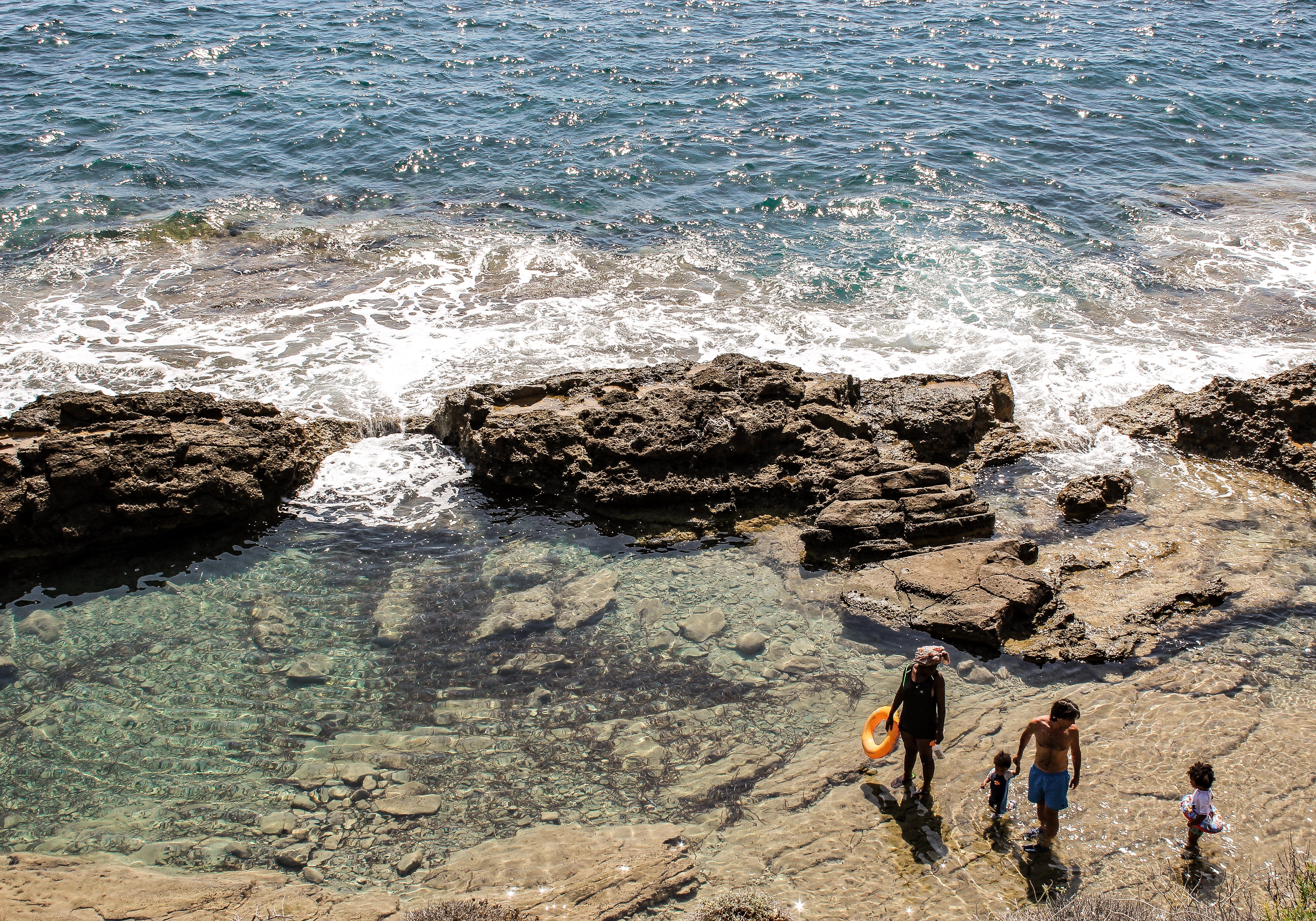 People standing in a rocky tidal pool on the shore of the ocean
