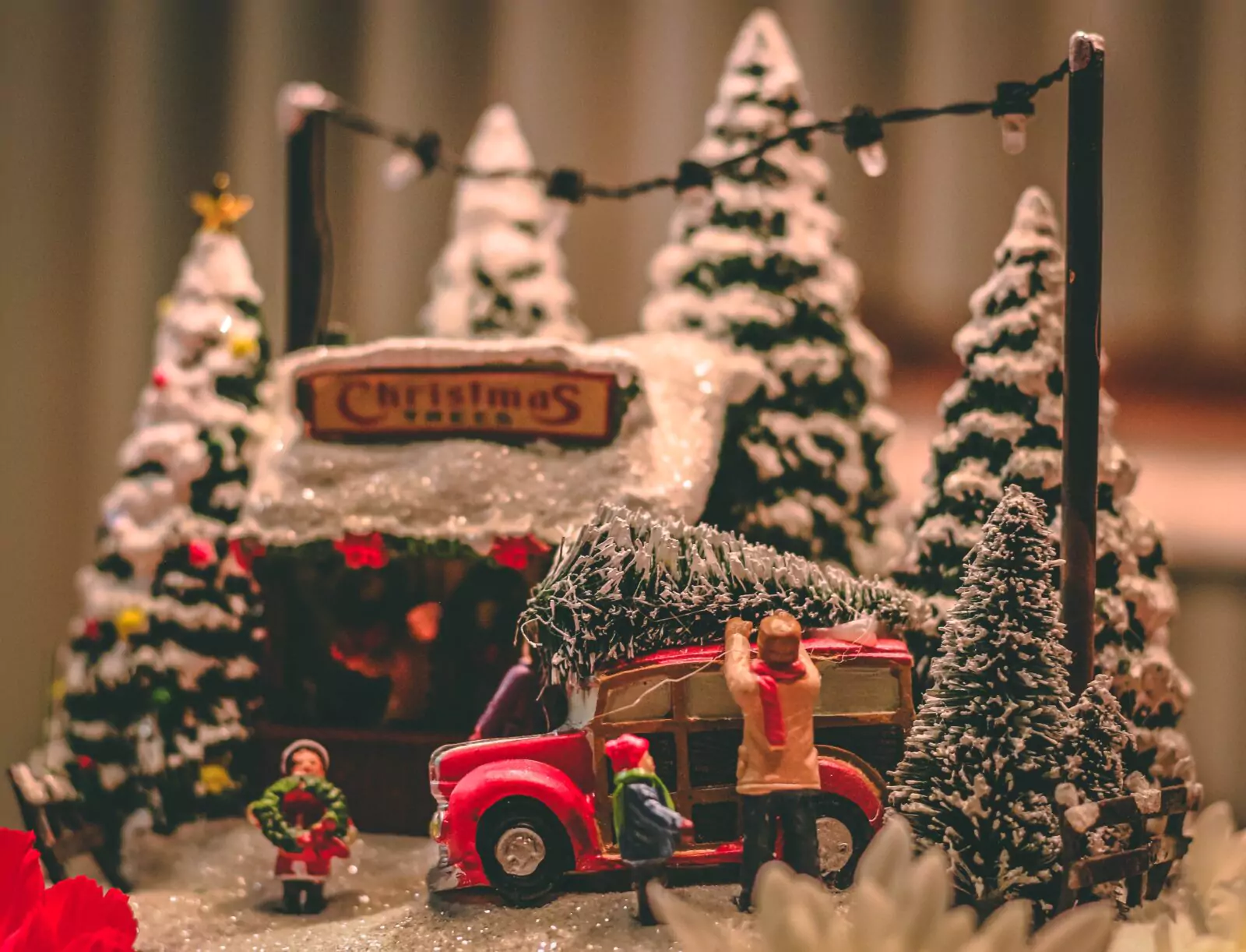 Miniature Figure Christmas Scene at the Tree Farm With Red Truck and Tree on Top