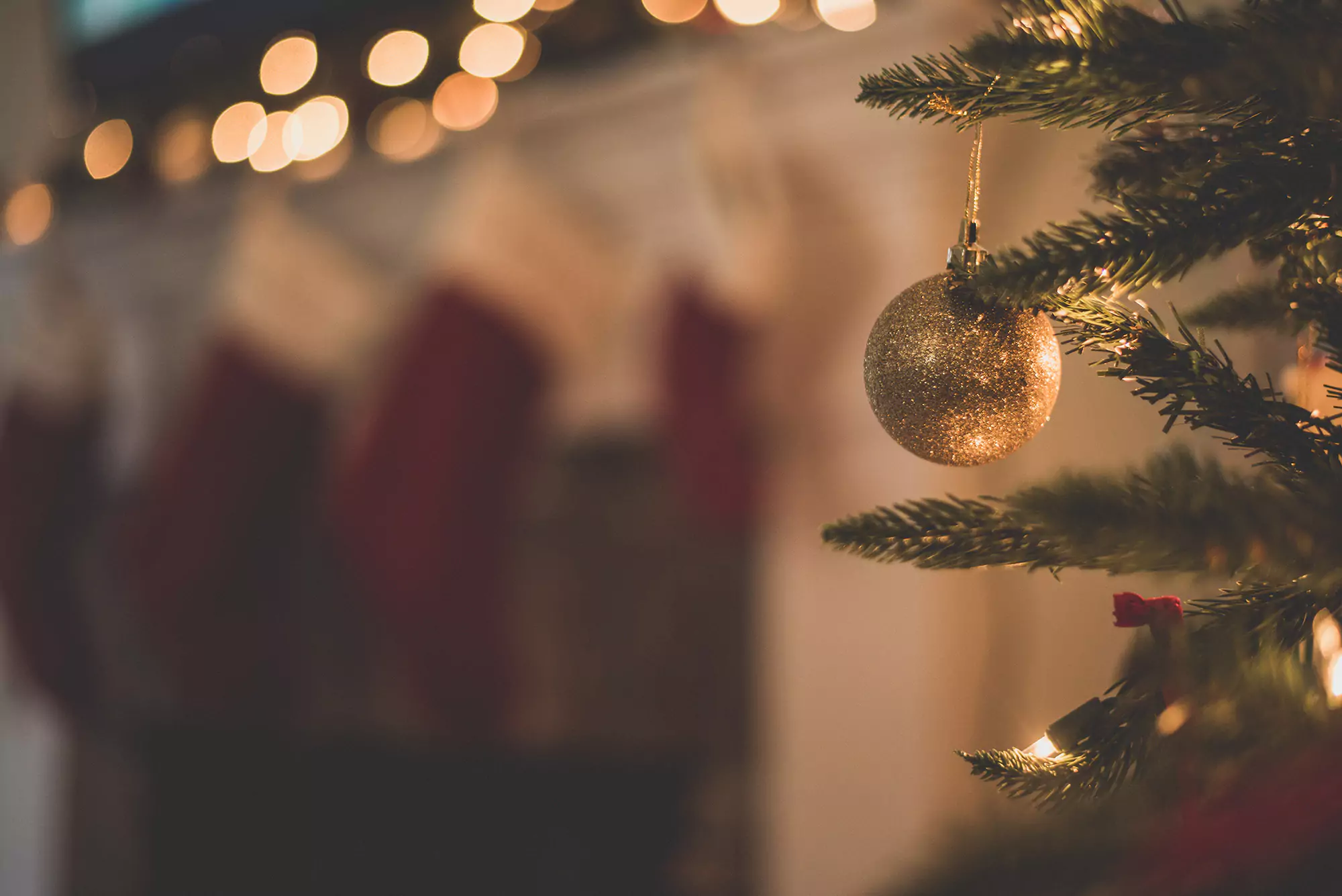 Christmas Tree with Gold Ornament in Blurred View