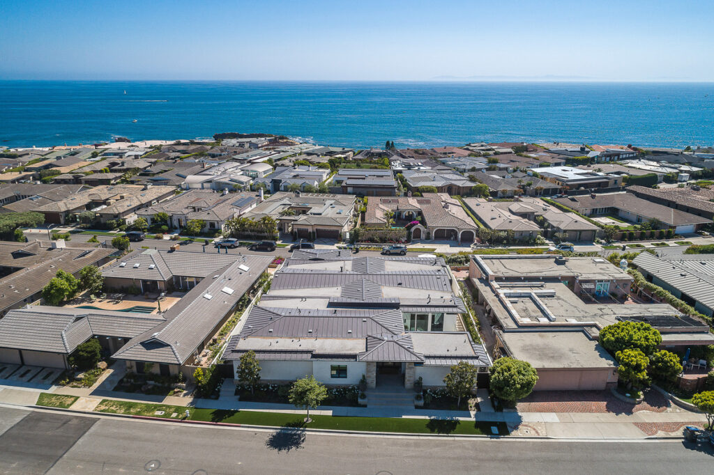 Aerial view of Cameo Shores homes showcasing the terraced layout and ocean views