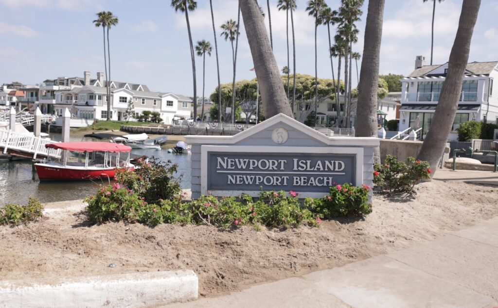 Front sign of Newport Island of Newport Beach California