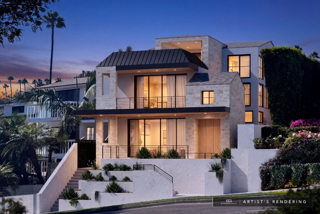 407 Heliotrope Avenue, Corona del Mar, front view at dusk. Artist's rendering, digitally relit from the original daytime rendering shown as image 5.