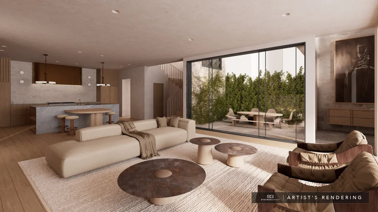 40-Foot-Wide Lot Living Experience at 407 Heliotrope Avenue, Corona del Mar: the main living level and courtyard. Artist's rendering.