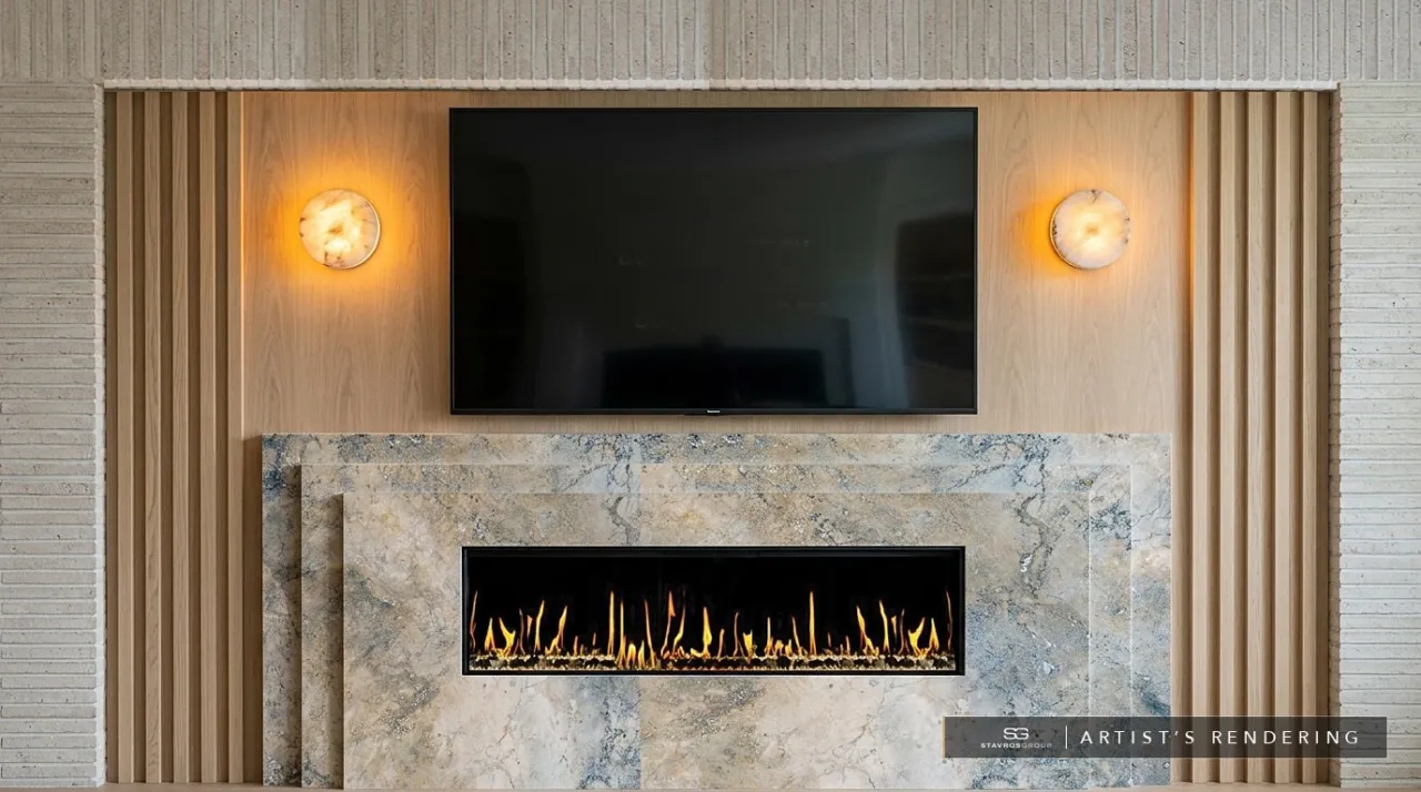 Fireplace detail in the great room at 407 Heliotrope Avenue, Corona del Mar: stone surround, linear fireplace and wood paneling. Artist's rendering.