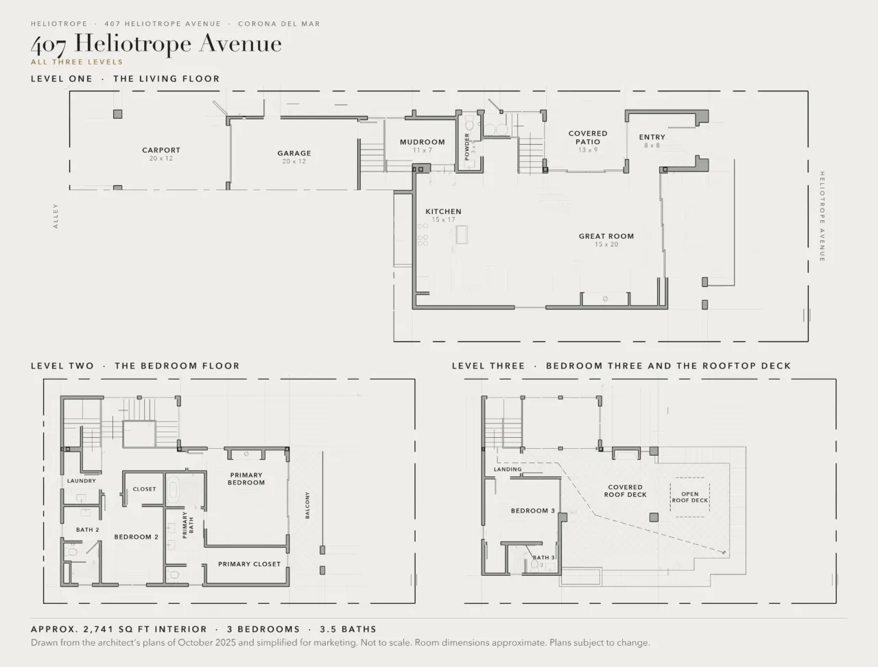 Floor plan of 407 Heliotrope Avenue, Corona del Mar, all three levels. Not to scale.
