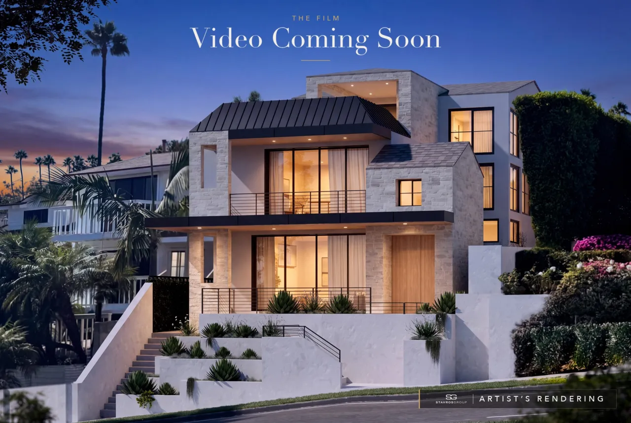 The Film. Video Coming Soon. 407 Heliotrope Avenue, Corona del Mar, front view at dusk. Artist's rendering, digitally relit from the original daytime rendering shown as image 5.