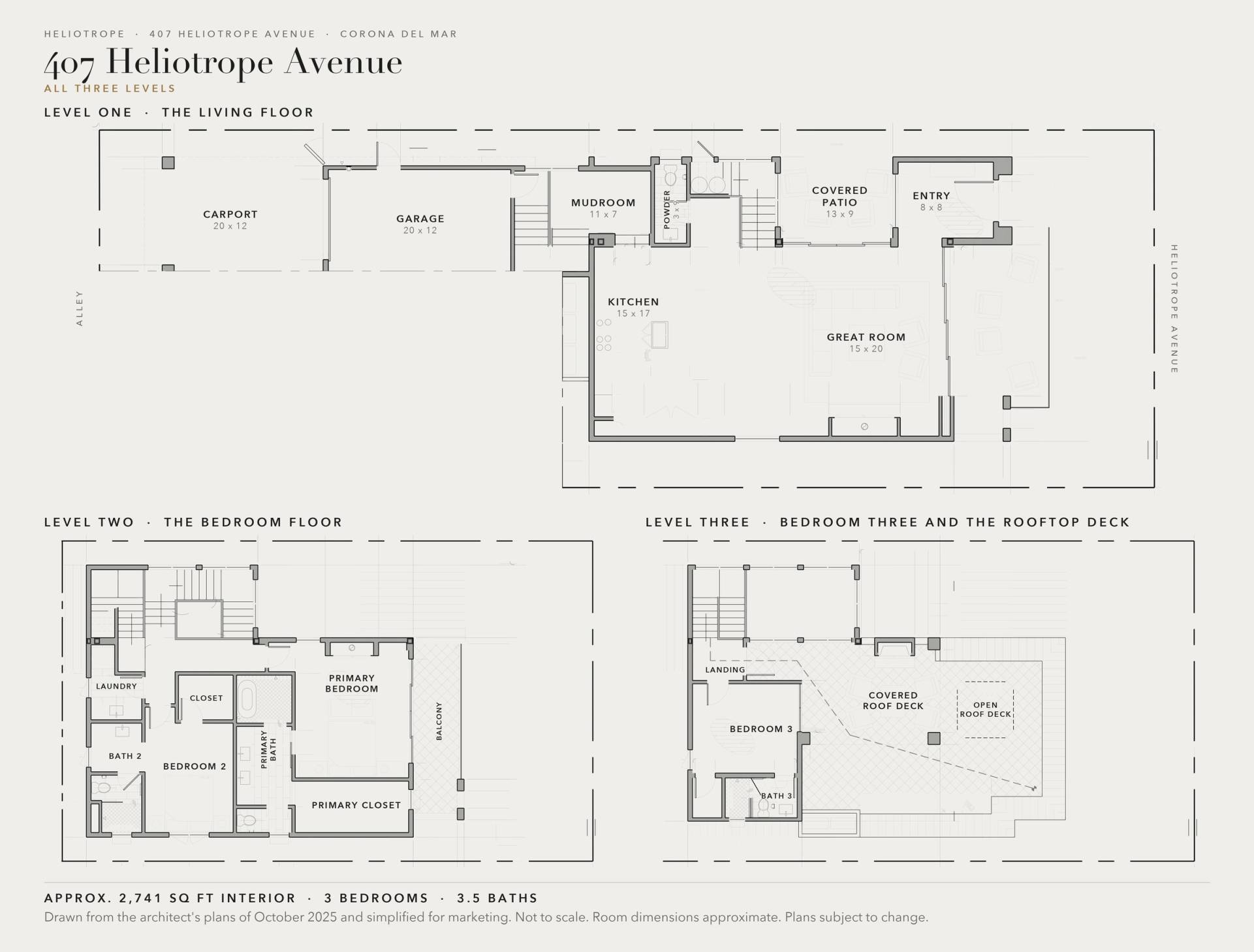 Floor plan of 407 Heliotrope Avenue, Corona del Mar, all three levels. Not to scale.