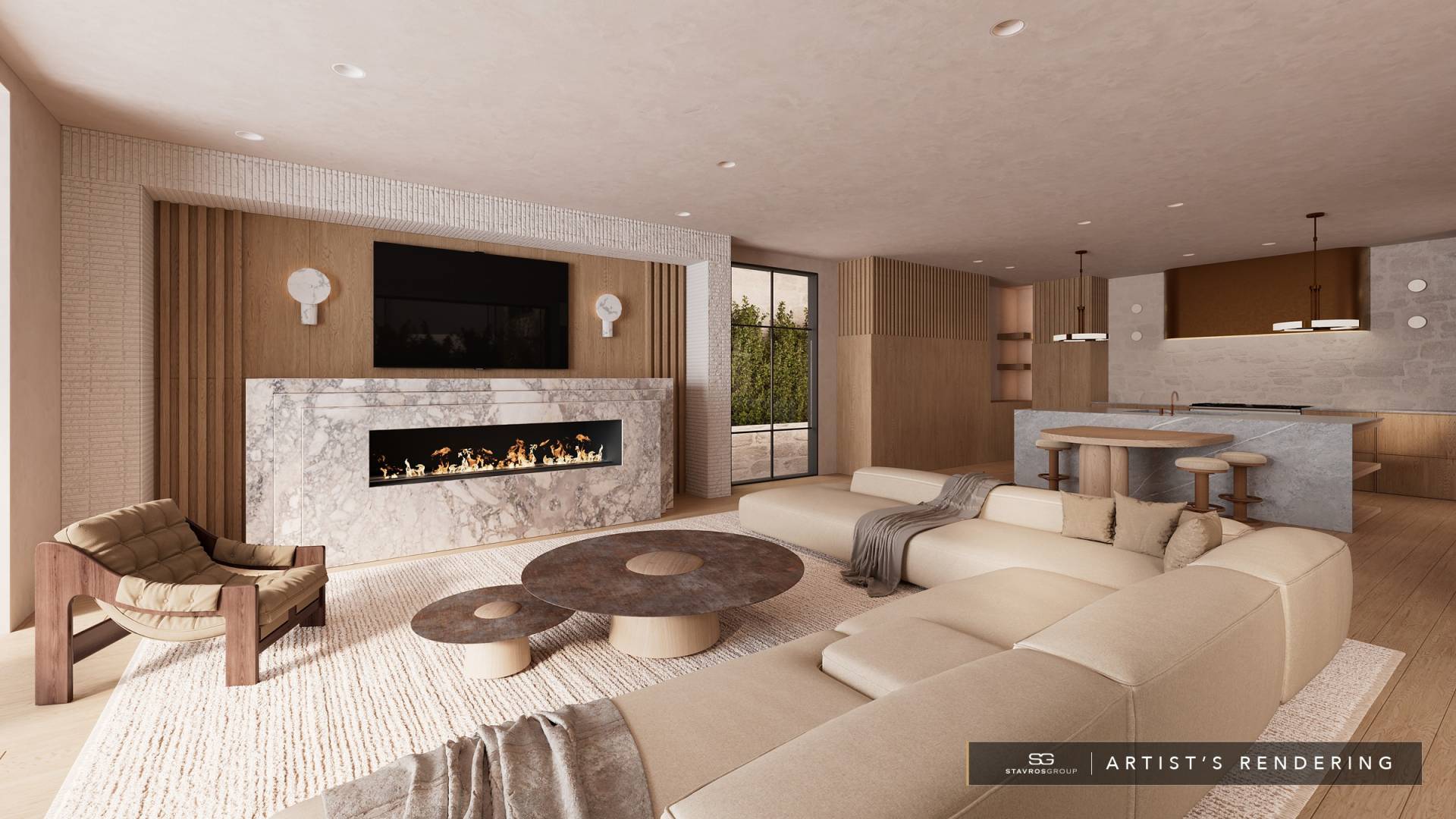 Open Great Room with Outdoor Transitions at 407 Heliotrope Avenue, Corona del Mar. Artist's rendering.