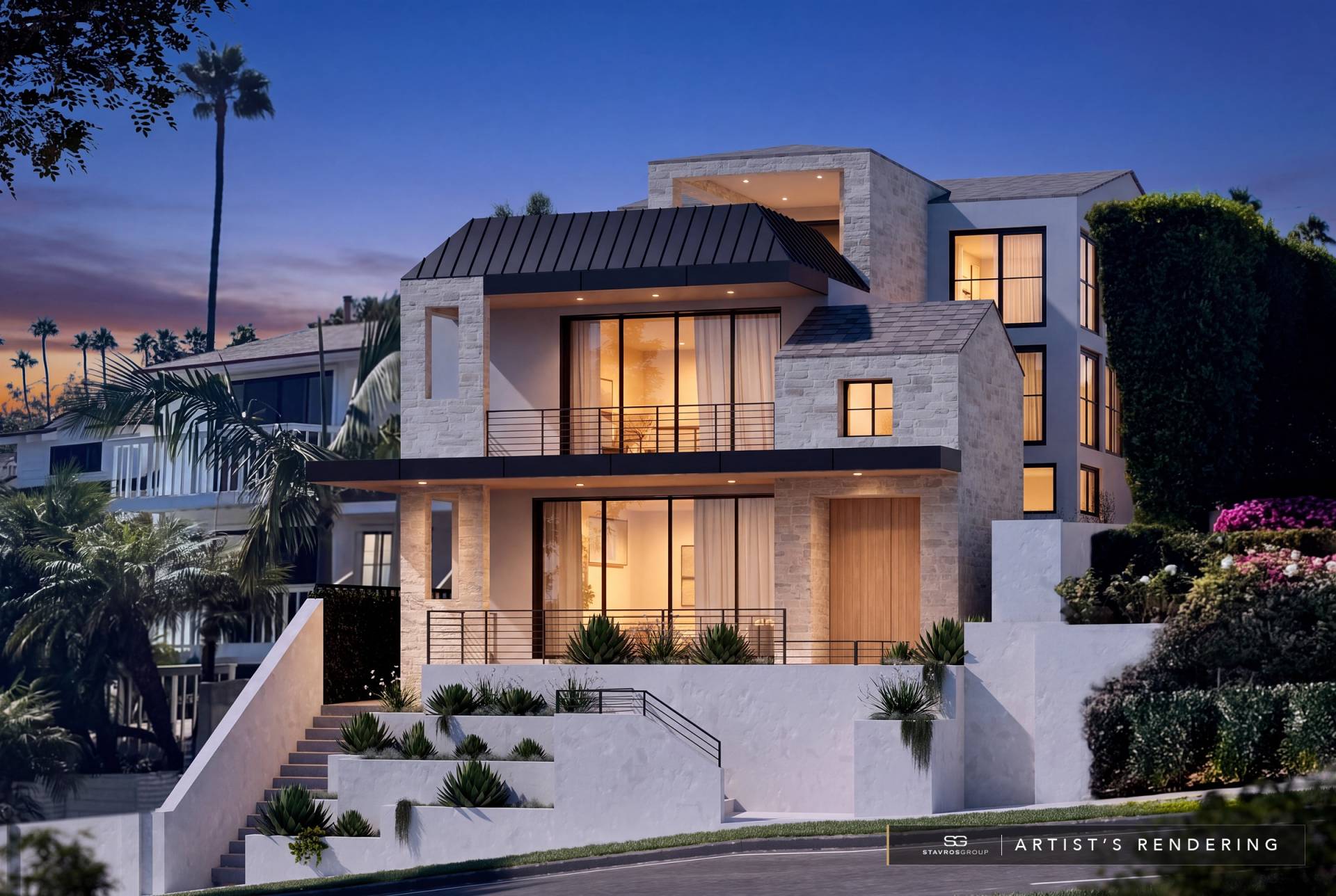 407 Heliotrope Avenue, Corona del Mar, front view at dusk. Artist's rendering, digitally relit from the original daytime rendering shown as image 5.